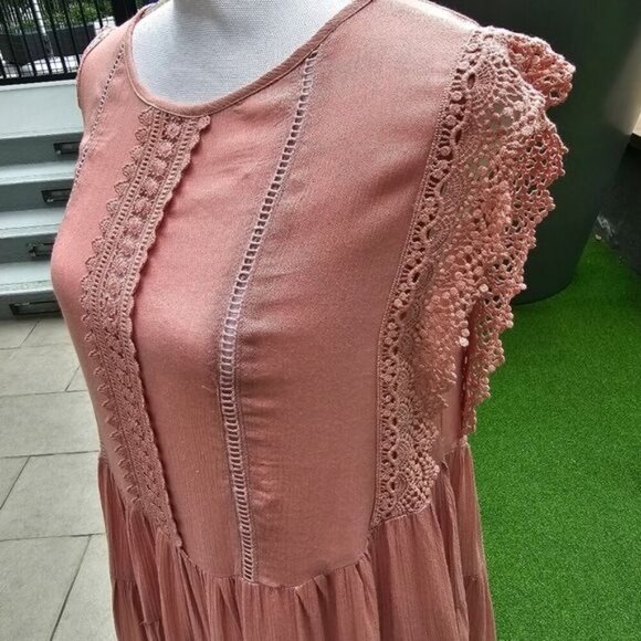 SHE + SKY ✦ Anthropologie Hi-Low Dress ✦ Mauve Cotton Crochet Lace Tiered M NWT - Picture 7 of 16